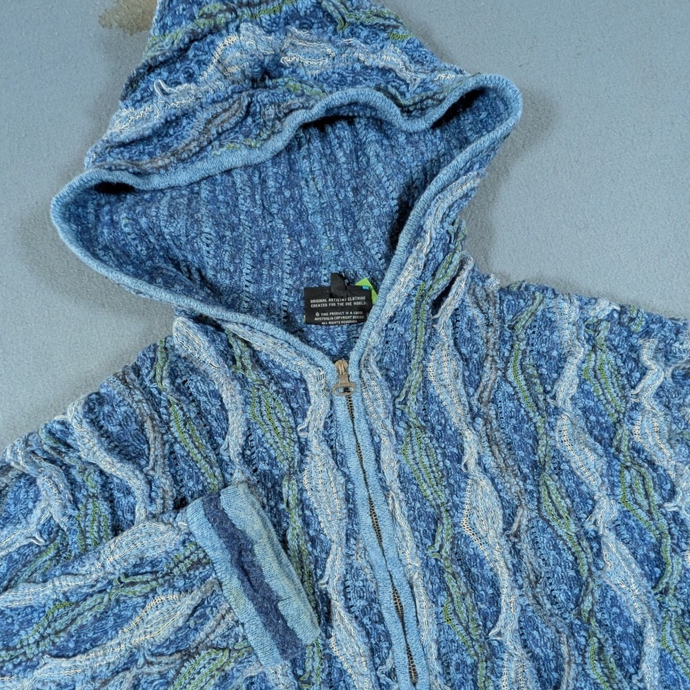 Vintage 90s COOGI Australia 3D Knit Full Zip Hoodie Sweater Blue 3XL